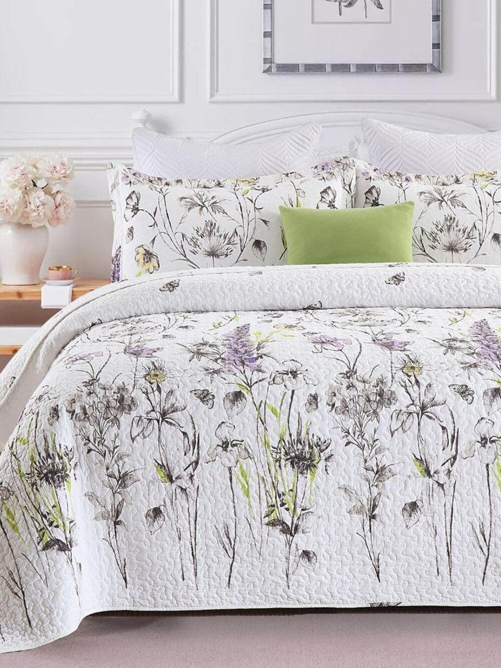 Floral Quilt Set Queen Size - 100% Cotton Lightweight Botanical Quilted Bedsprea